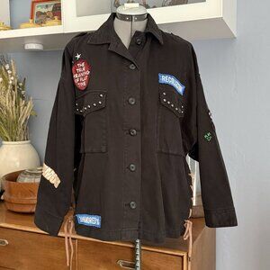 Moussy Patch Studded Side Lace-Up Utility Jacket Black Embroidered Size O/S